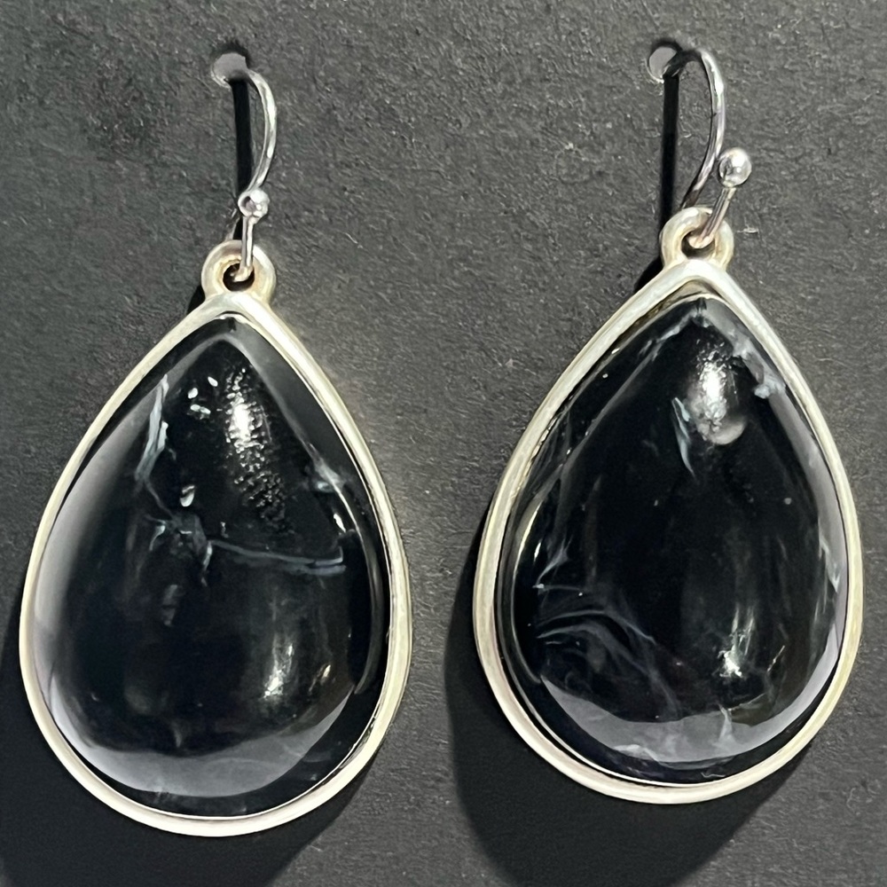Black Teardrop Dangle Earrings | Silver Tone | Minimal Statement
